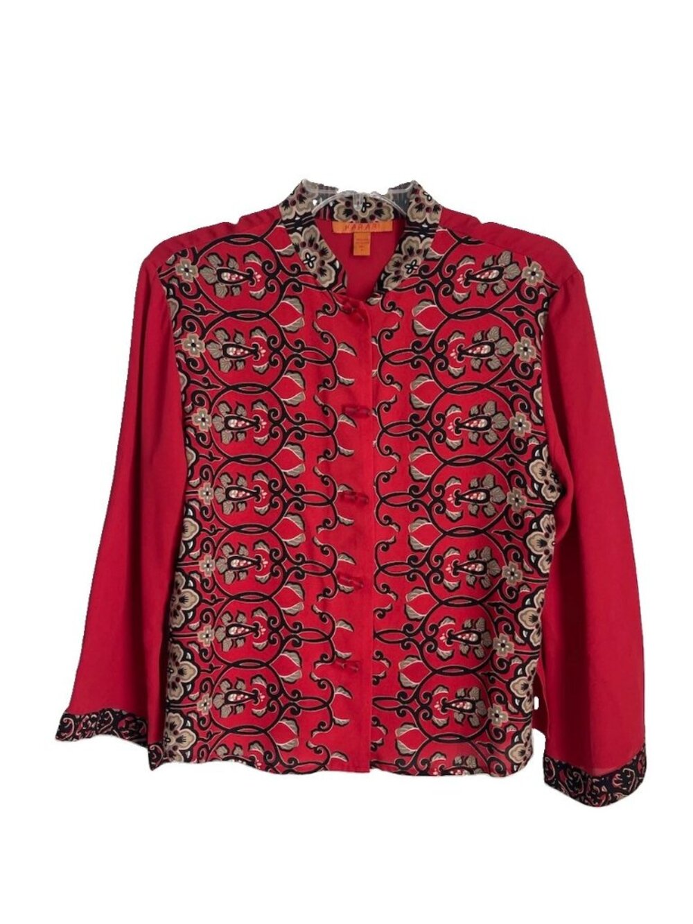 Harari Red 100% Silk Asian Inspired Button Front Blouse Mandarin Collar
